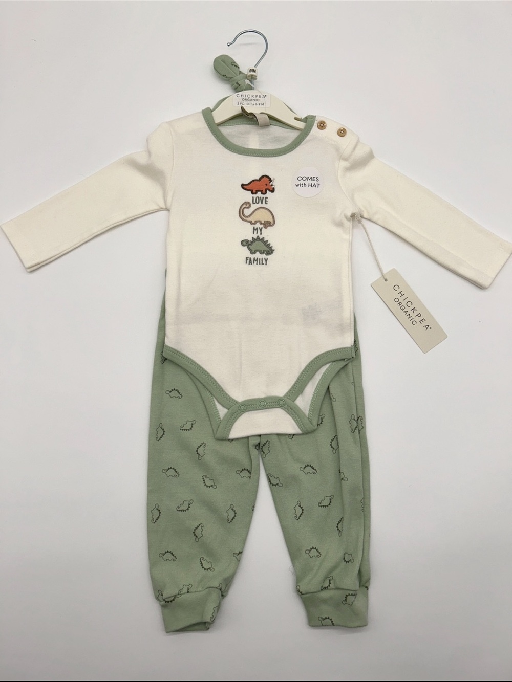 Chickpea Organic 6-9M 3pc Cream & Sage Dinosaur One-Piece Set